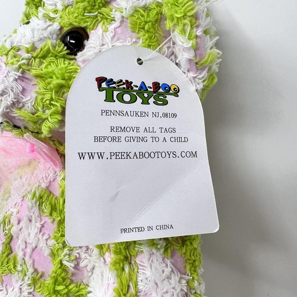 Peek A Boo Plush Pink Teddy Bear With Chenille Green & White Check 10" With Tag - Picture 5 of 8